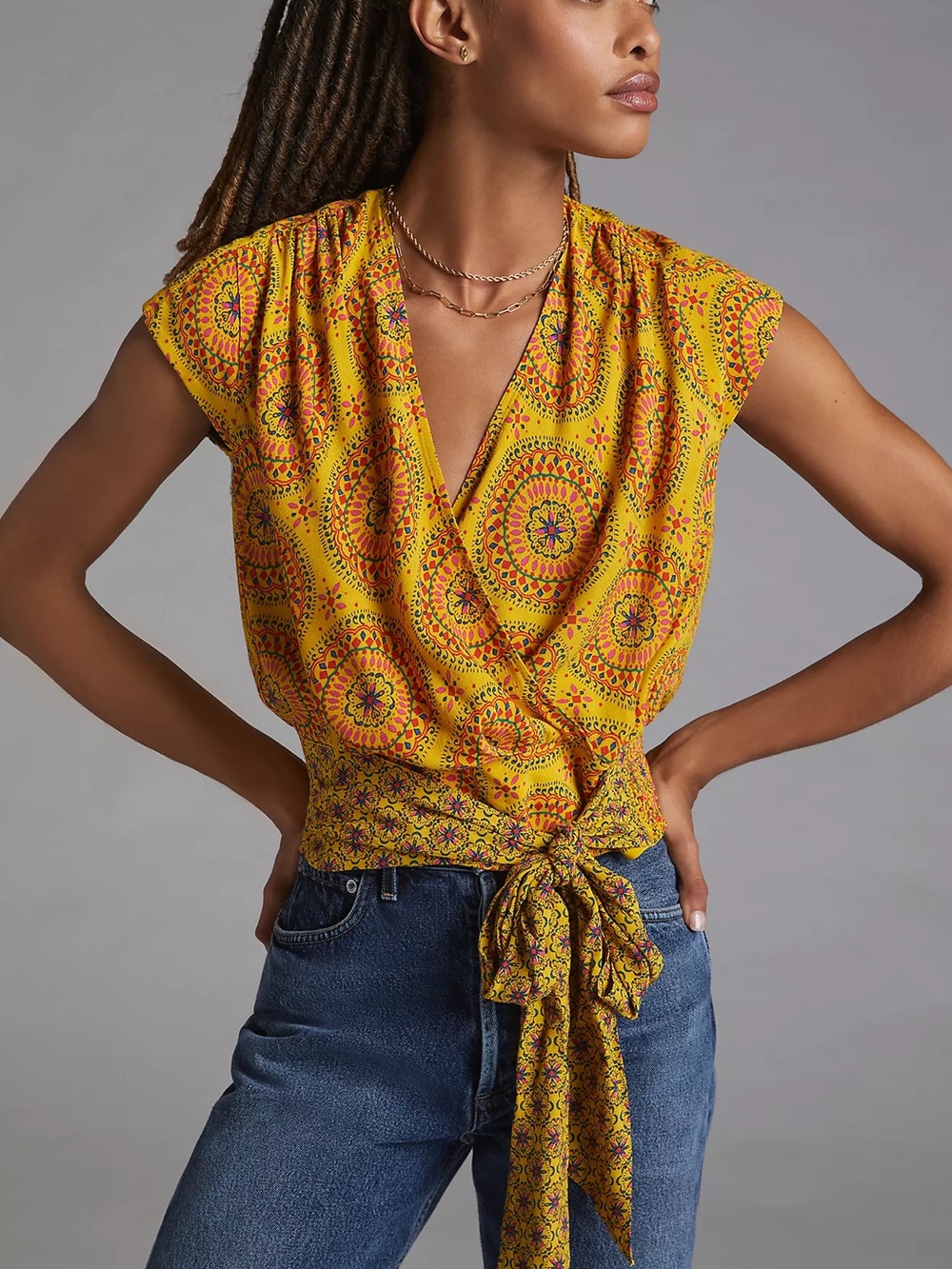 Anthropologie Maeve Marzia Wrap Blouse Yellow Medallion Boho Top Small S